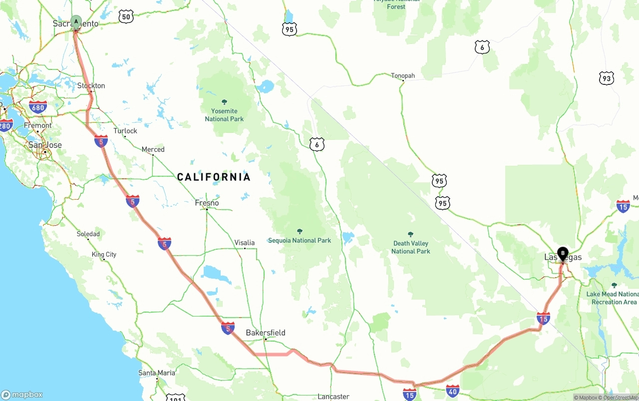 Shipping route from Sacramento to Las Vegas