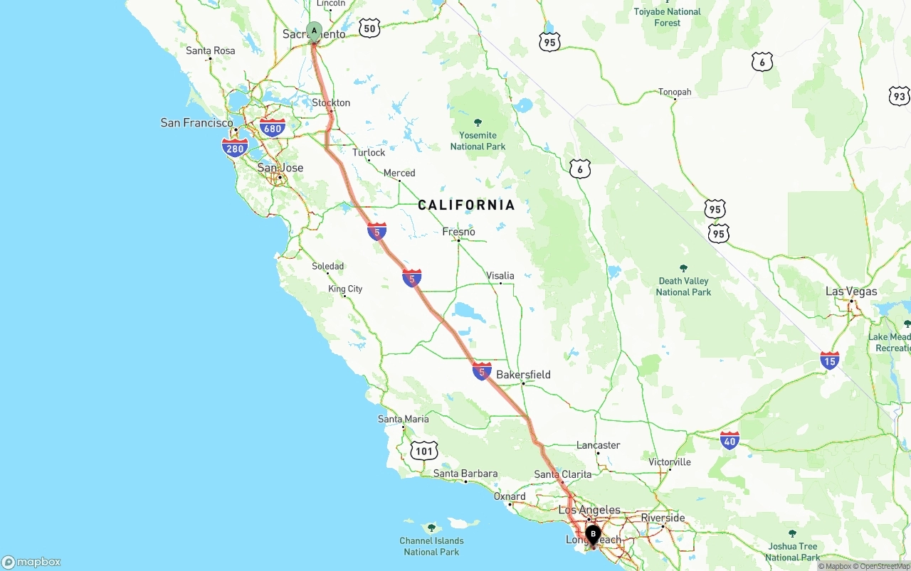 Shipping route from Sacramento to Long Beach