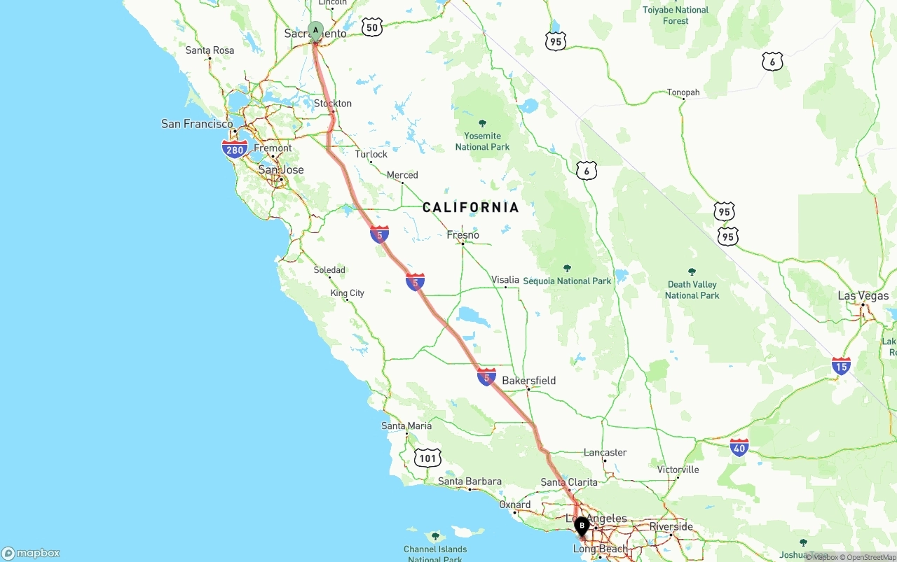 Shipping route from Sacramento to Los Angeles International Airport