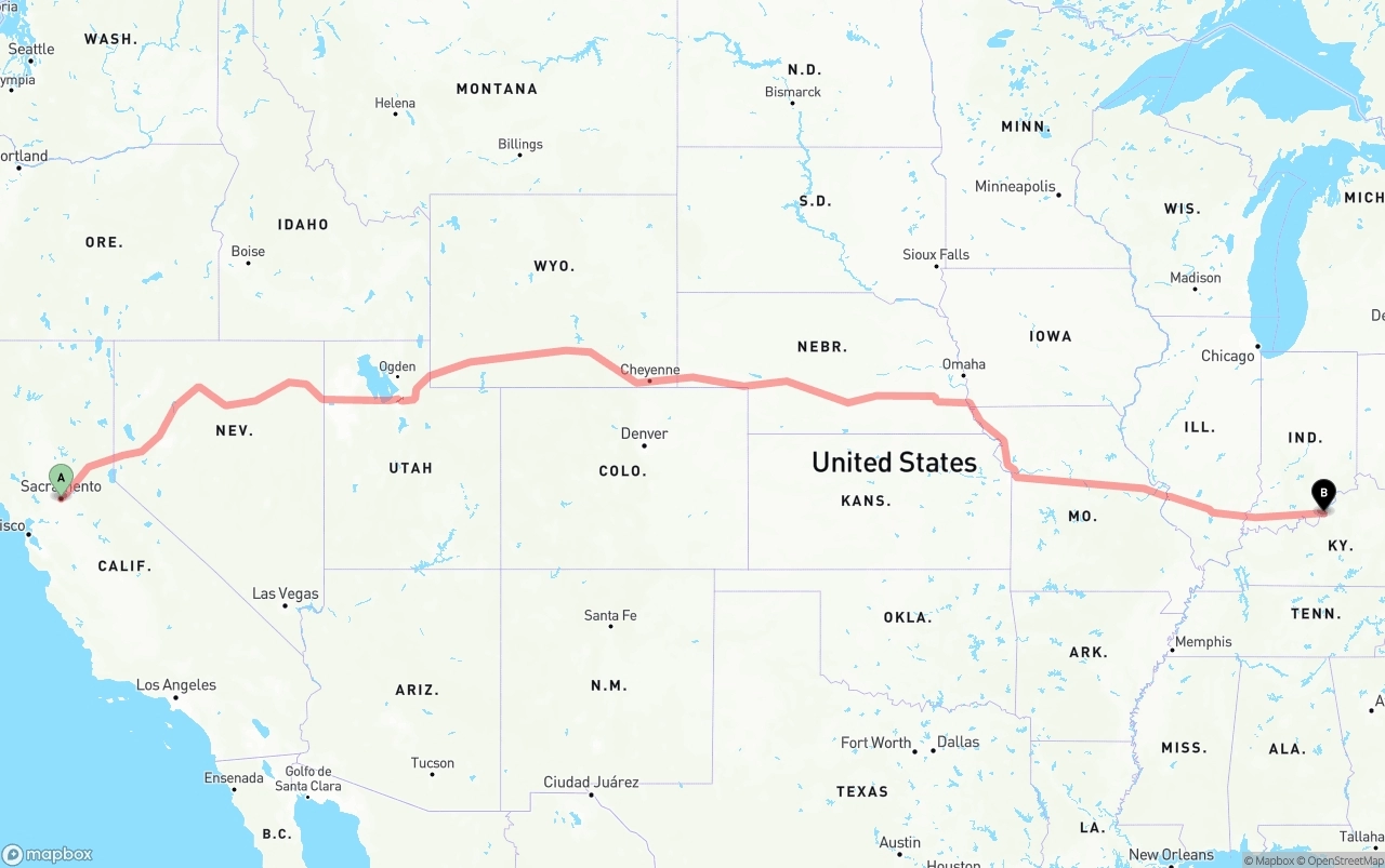 Shipping route from Sacramento to Louisville