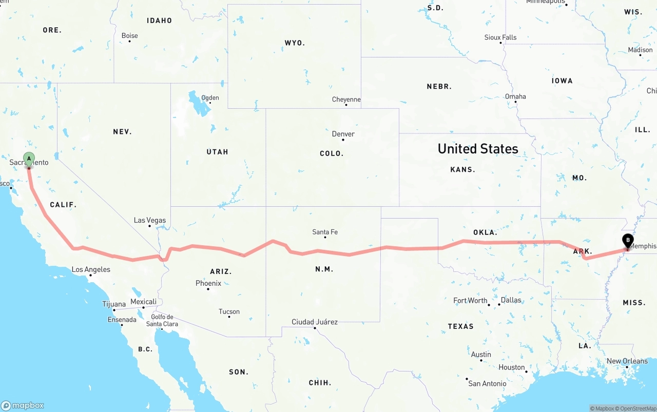 Shipping route from Sacramento to Memphis