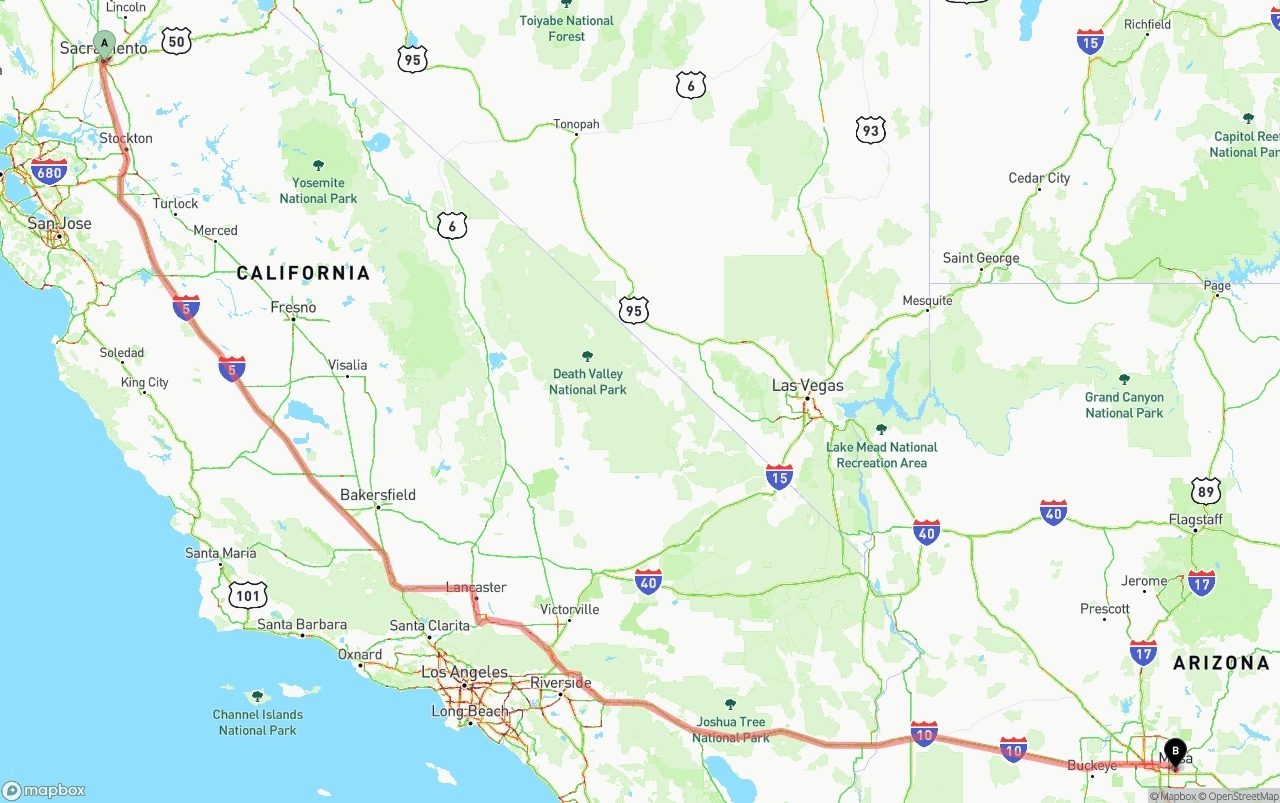 Shipping route from Sacramento to Mesa