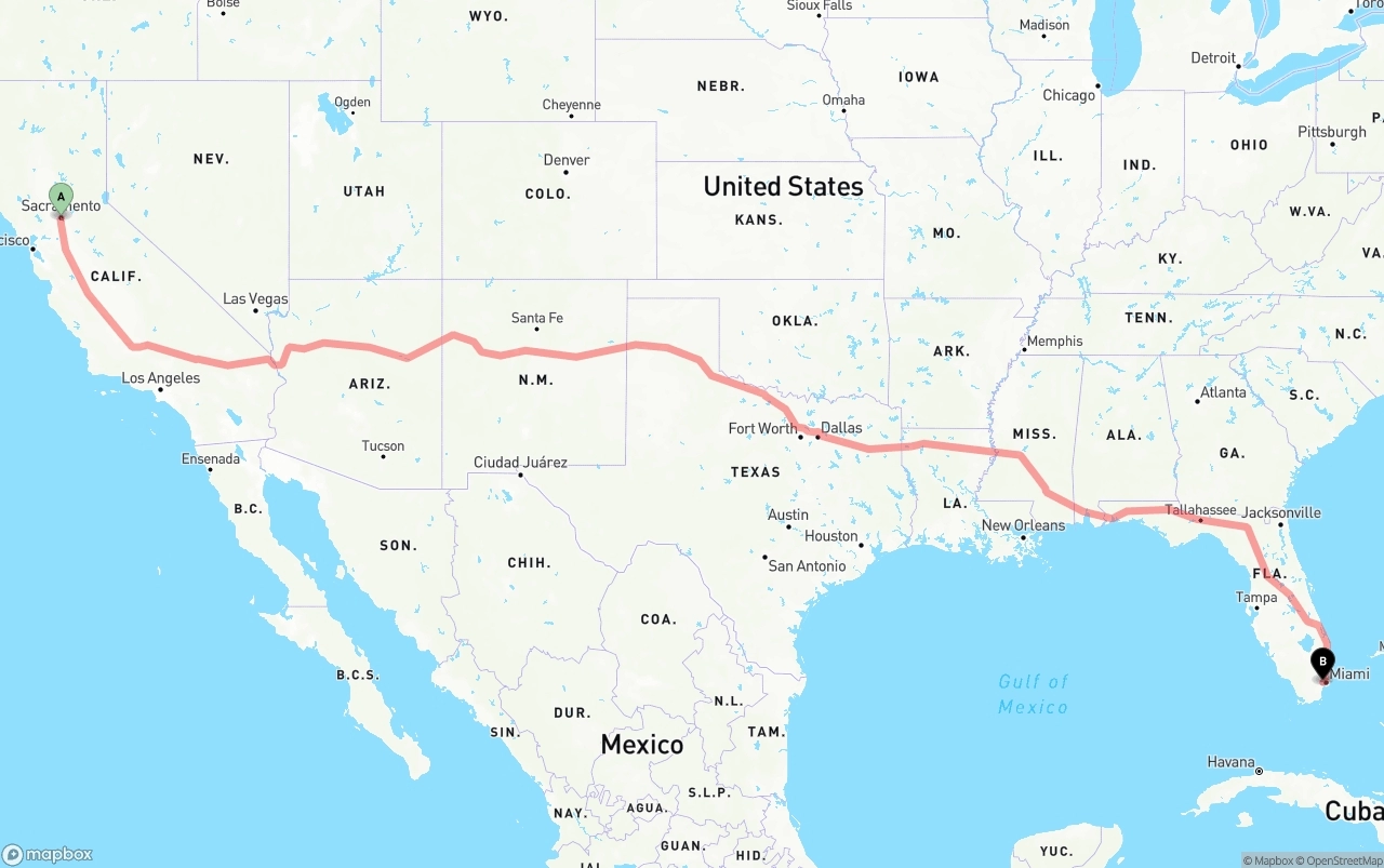 Shipping route from Sacramento to Miami International Airport