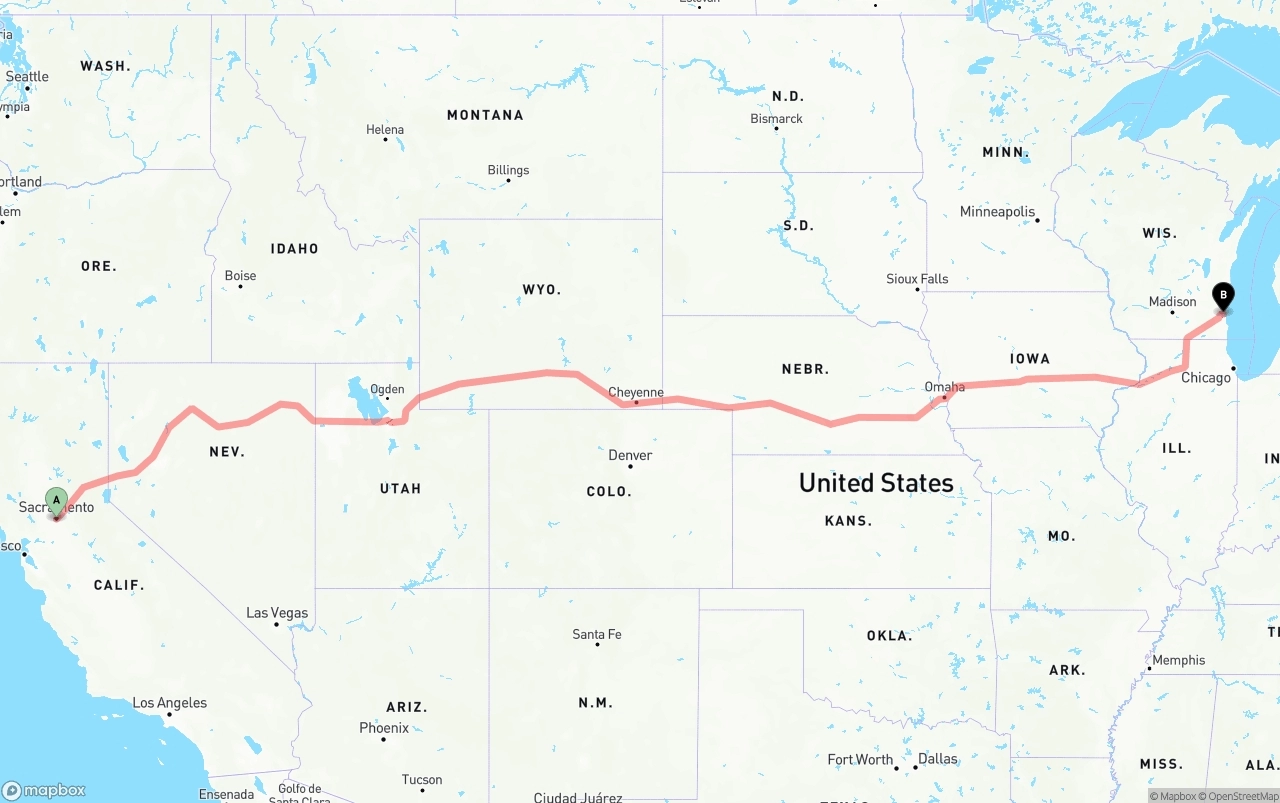 Shipping route from Sacramento to Milwaukee