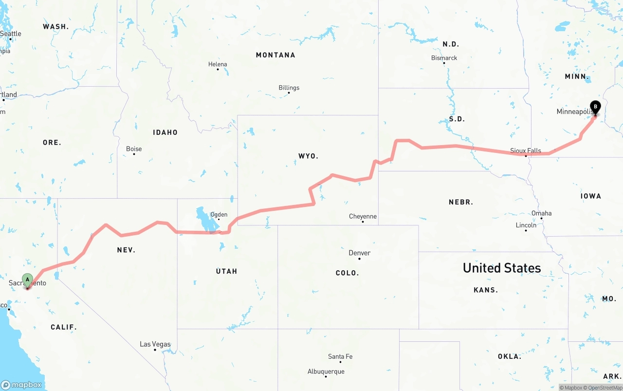 Shipping route from Sacramento to Minneapolis