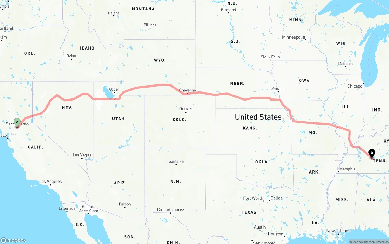 Shipping route from Sacramento to Nashville