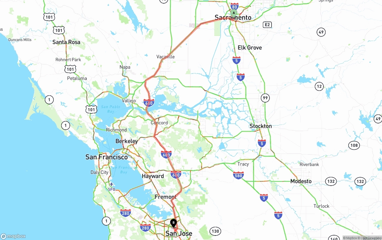 Shipping route from Sacramento to Norman Y. Mineta San Jose International Airport