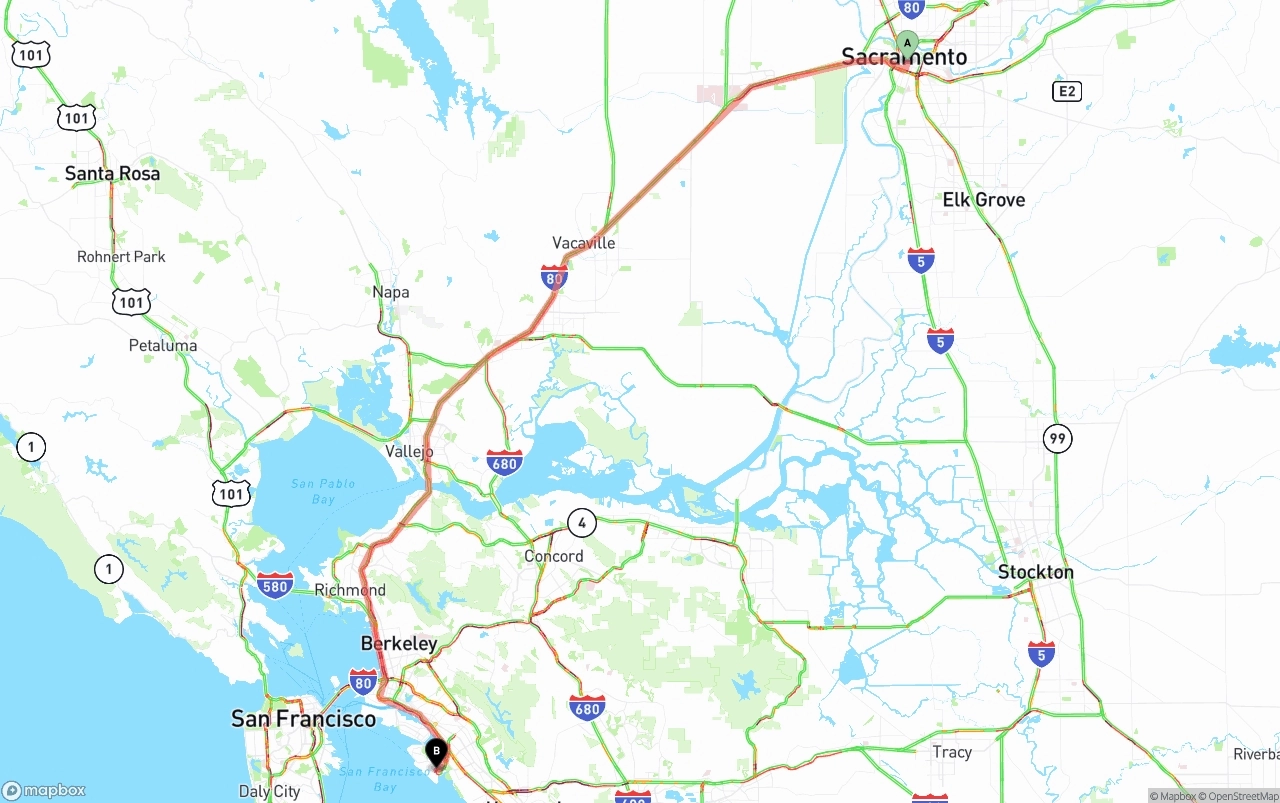 Shipping route from Sacramento to Oakland International Airport
