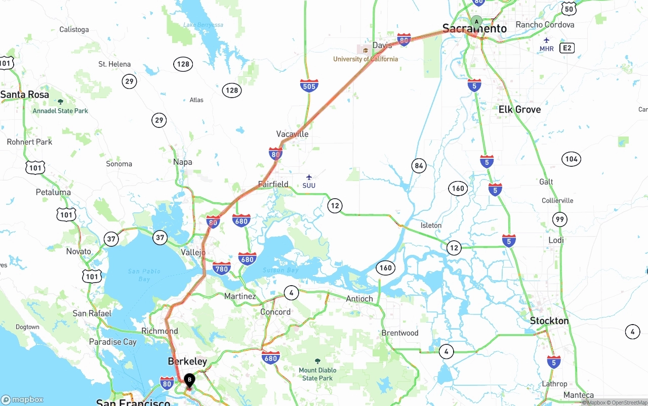 Shipping route from Sacramento to Oakland