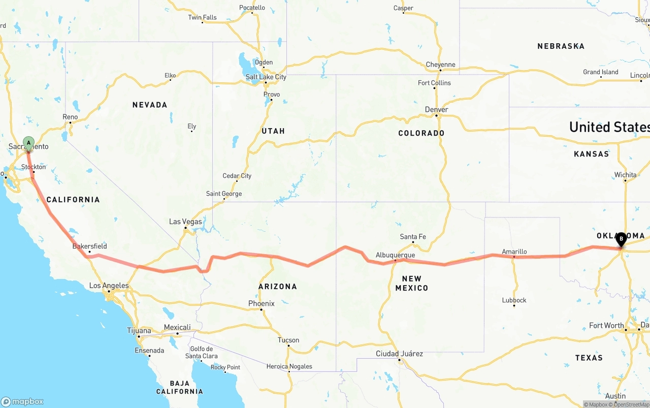 Shipping route from Sacramento to Oklahoma City