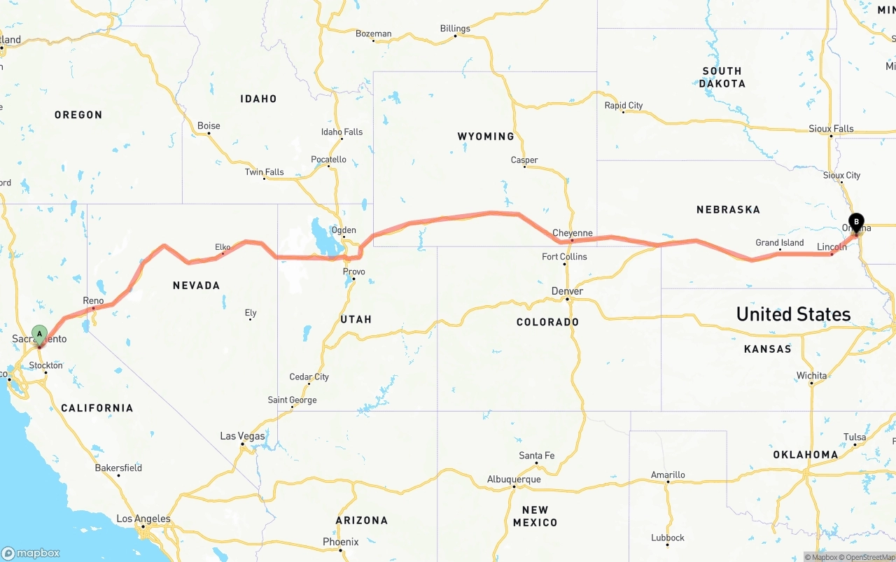 Shipping route from Sacramento to Omaha