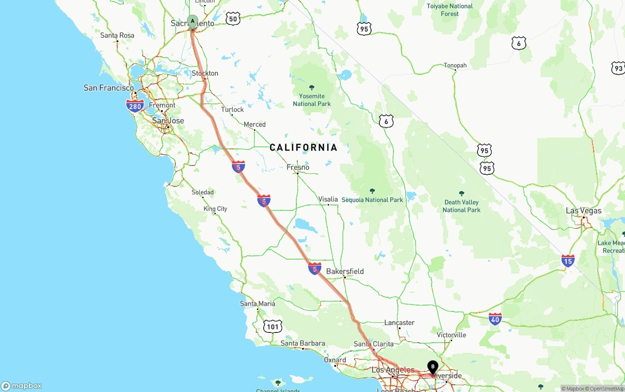 Shipping route from Sacramento to Ontario International Airport