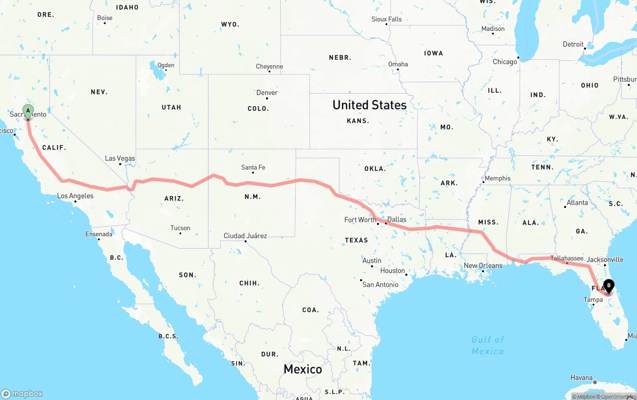 Shipping route from Sacramento to Orlando