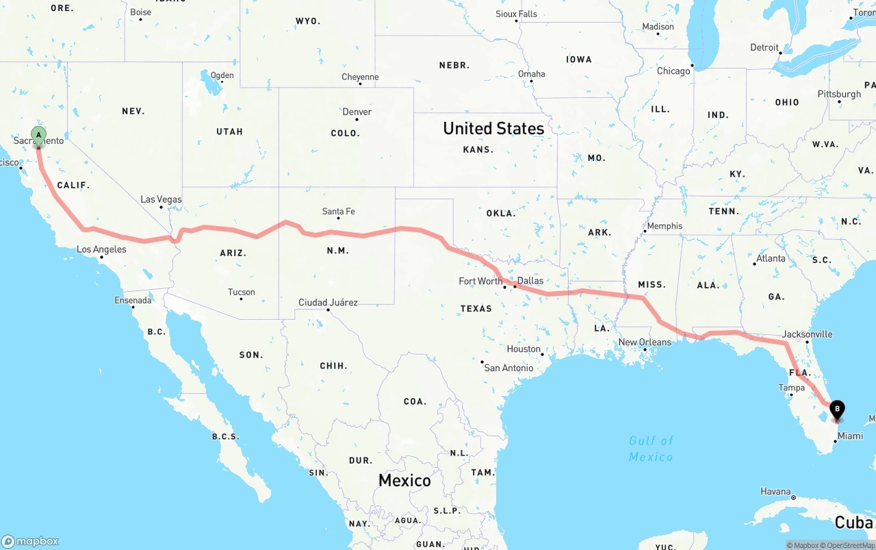 Shipping route from Sacramento to Palm Beach International Airport