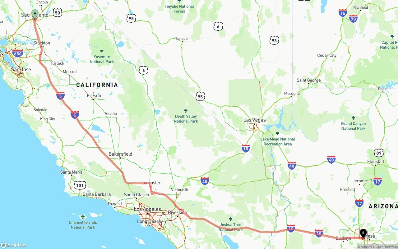 Shipping route from Sacramento to Phoenix Sky Harbor International Airport