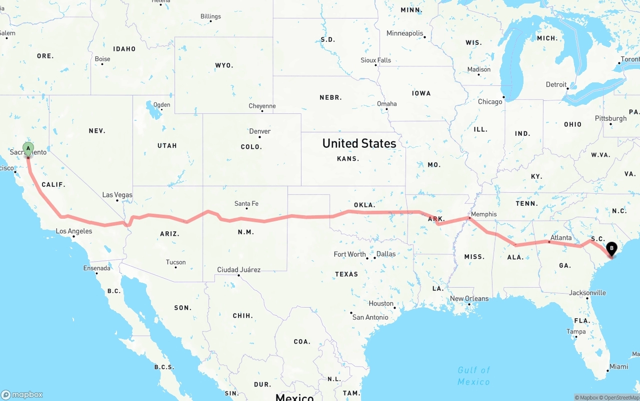 Shipping route from Sacramento to Port of Charleston