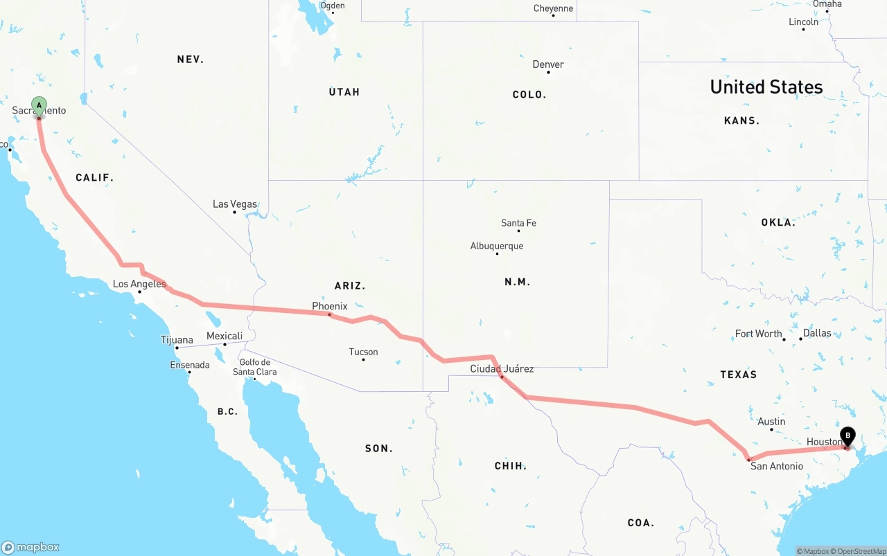 Shipping route from Sacramento to Port of Houston