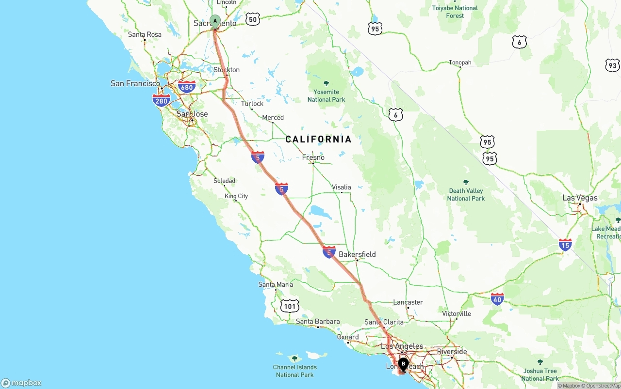 Shipping route from Sacramento to Port of Long Beach