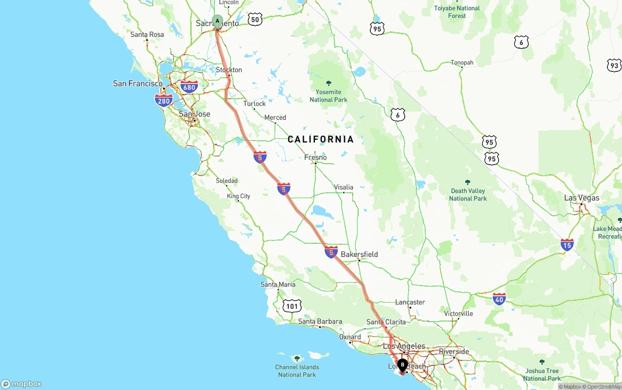 Shipping route from Sacramento to Port of Los Angeles