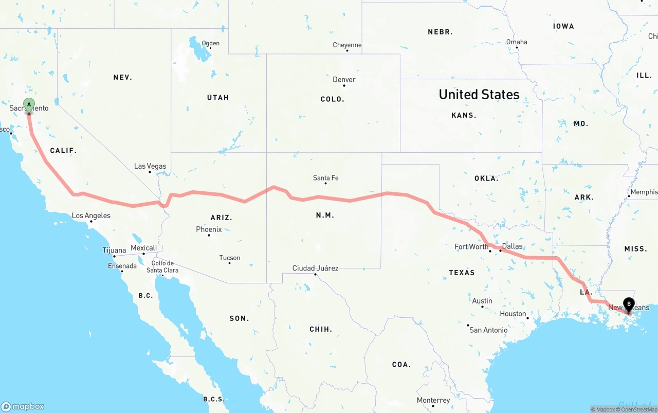 Shipping route from Sacramento to Port of New Orleans