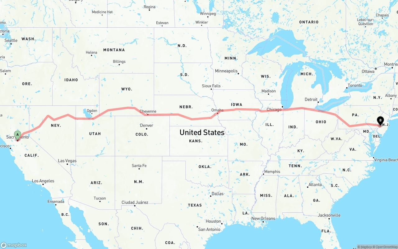 Shipping route from Sacramento to Port of Philadelphia