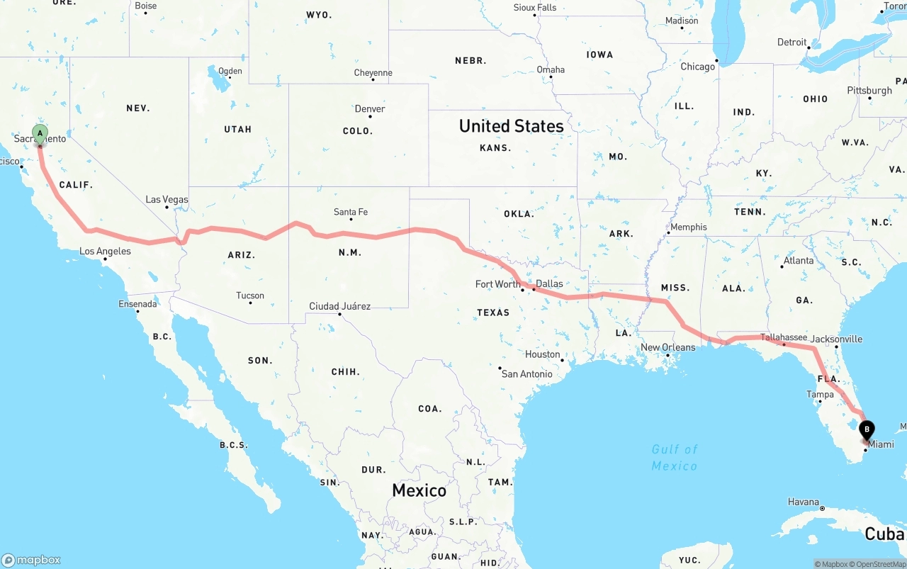 Shipping route from Sacramento to Port of Port Everglades