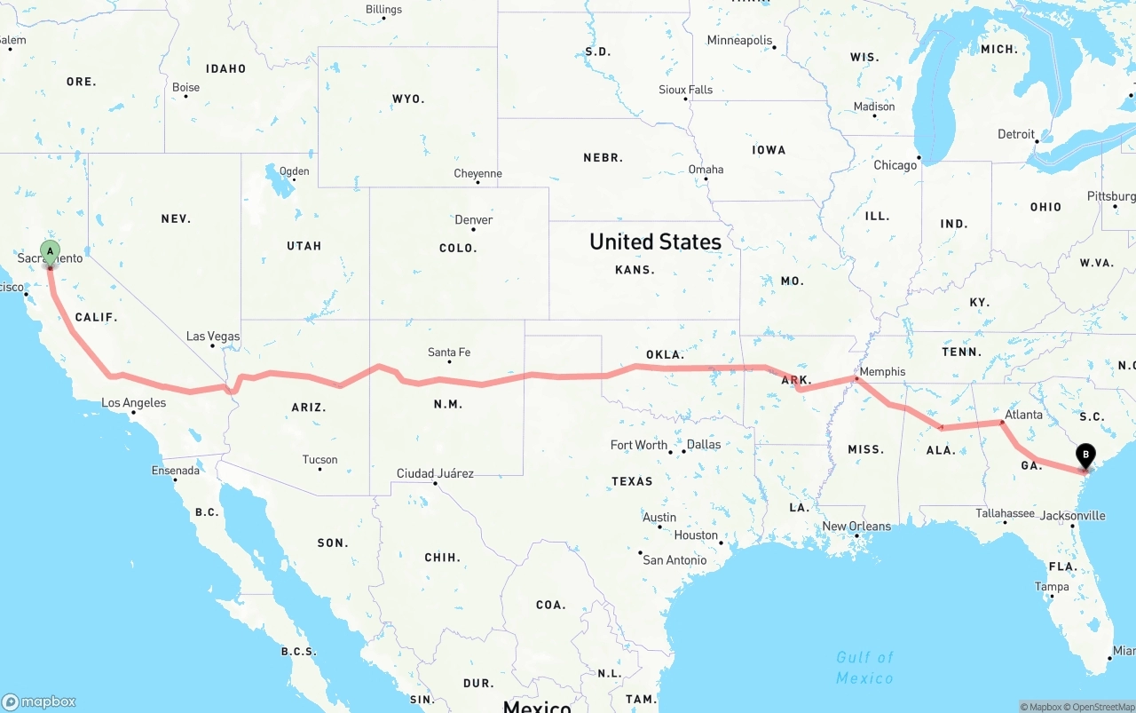 Shipping route from Sacramento to Port of Savannah