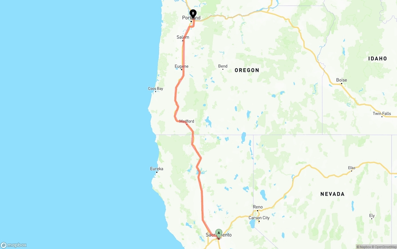 Shipping route from Sacramento to Portland International Airport
