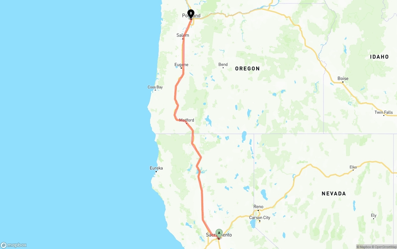 Shipping route from Sacramento to Portland