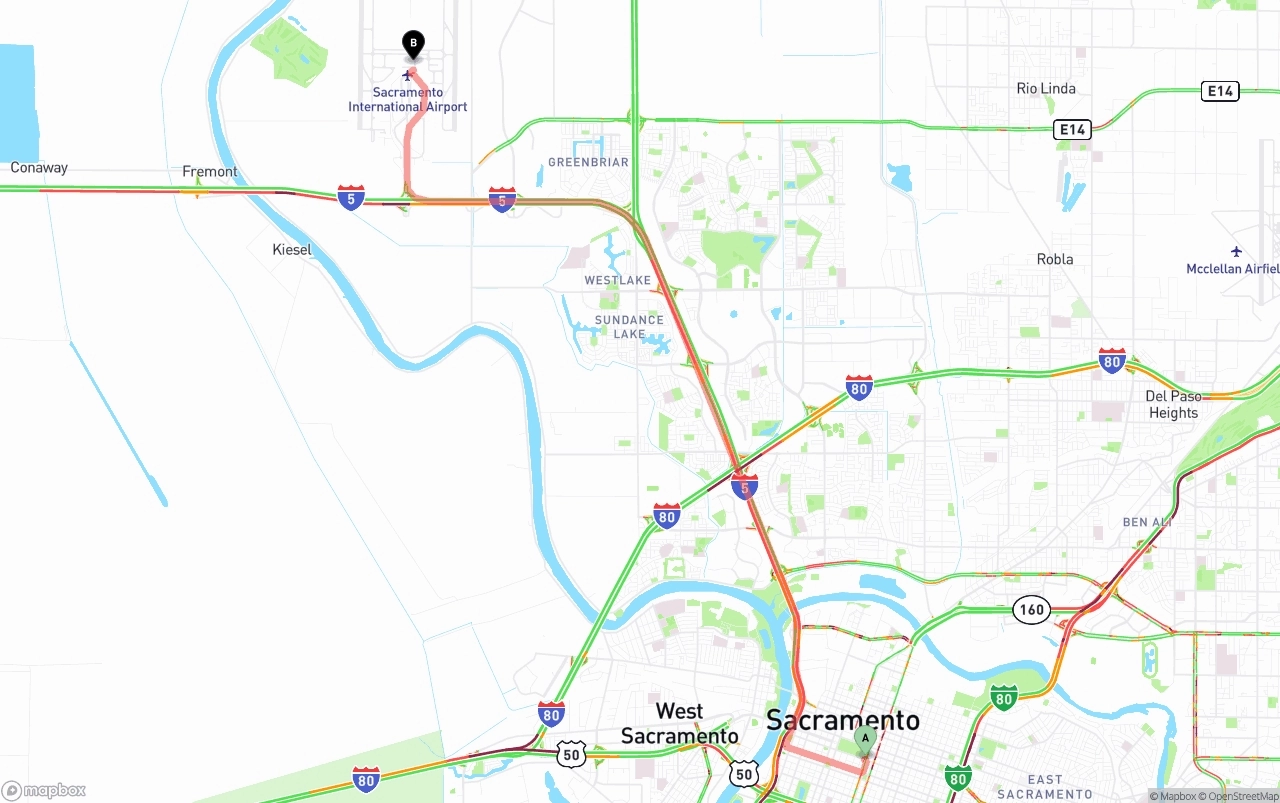 Shipping route from Sacramento to Sacramento International Airport
