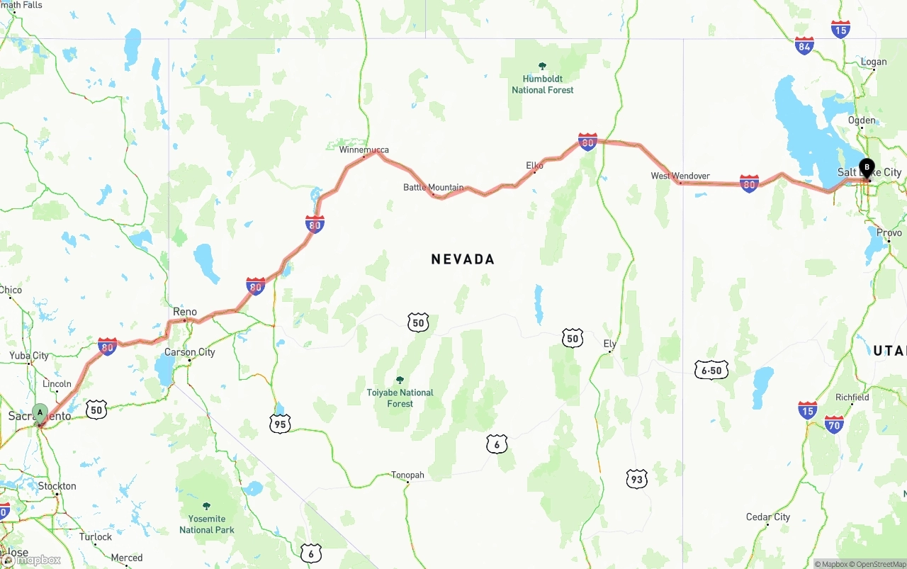 Shipping route from Sacramento to Salt Lake City