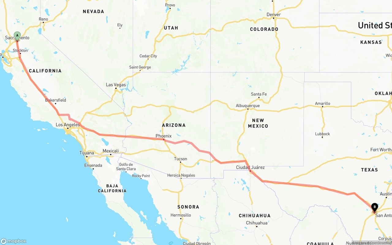 Shipping route from Sacramento to San Antonio