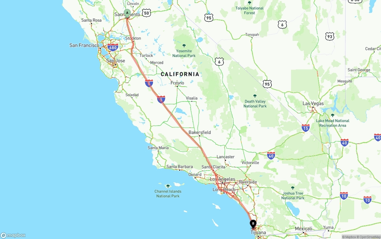 Shipping route from Sacramento to San Diego International Airport