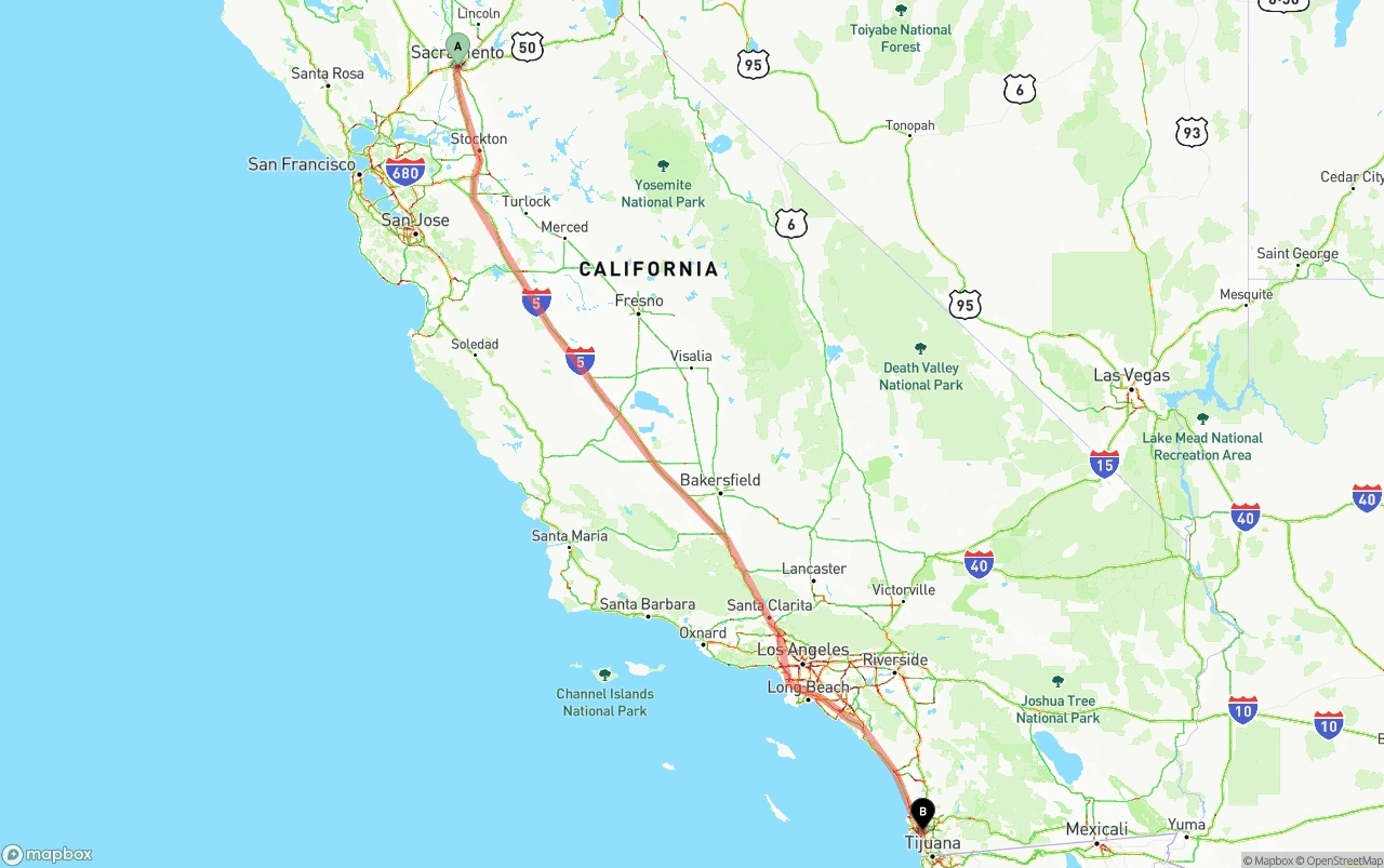 Shipping route from Sacramento to San Diego