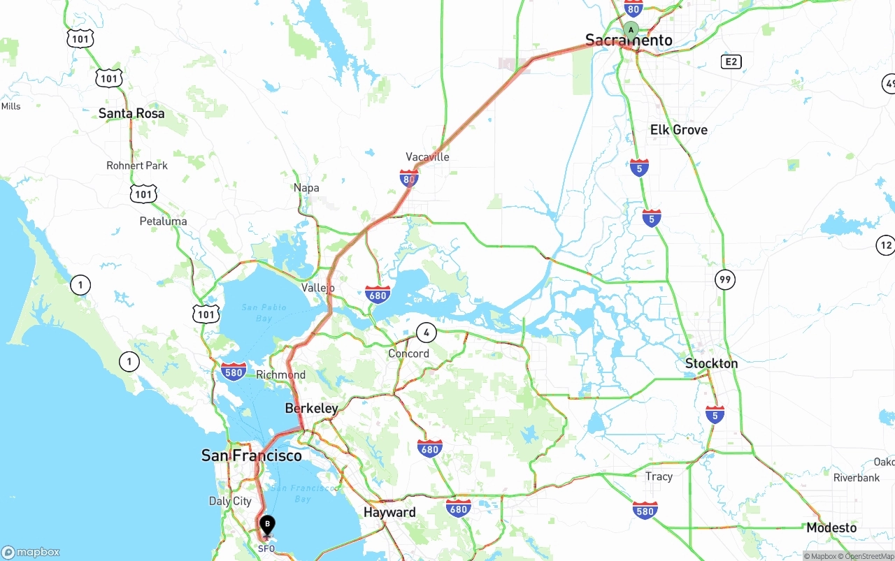Shipping route from Sacramento to San Francisco International Airport