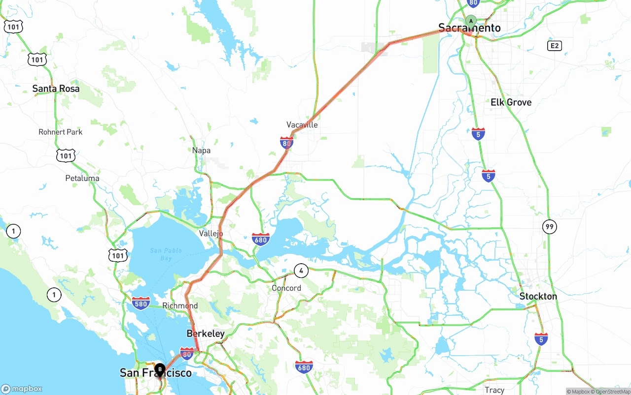 Shipping route from Sacramento to San Francisco