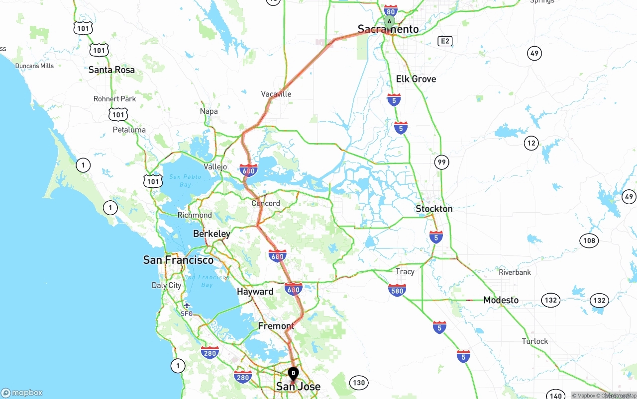 Shipping route from Sacramento to San Jose