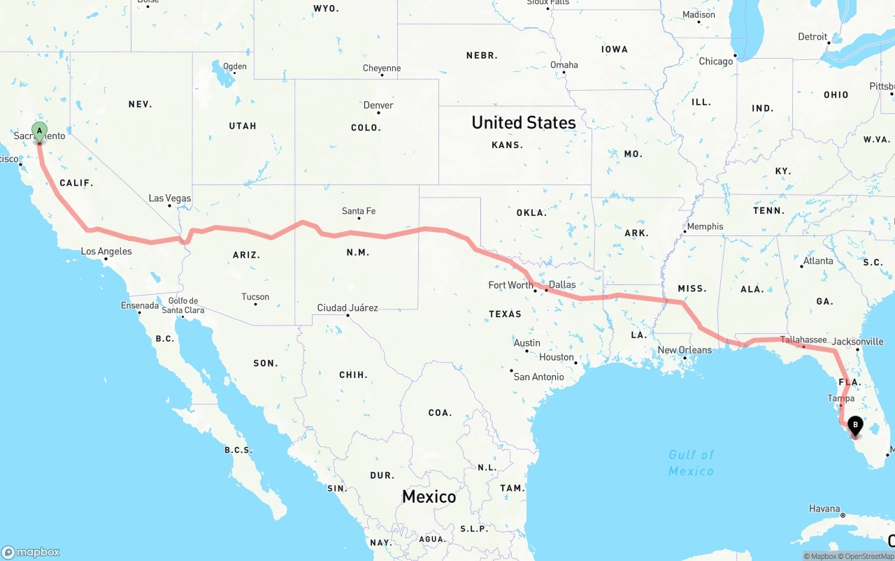 Shipping route from Sacramento to Southwest Florida International Airport