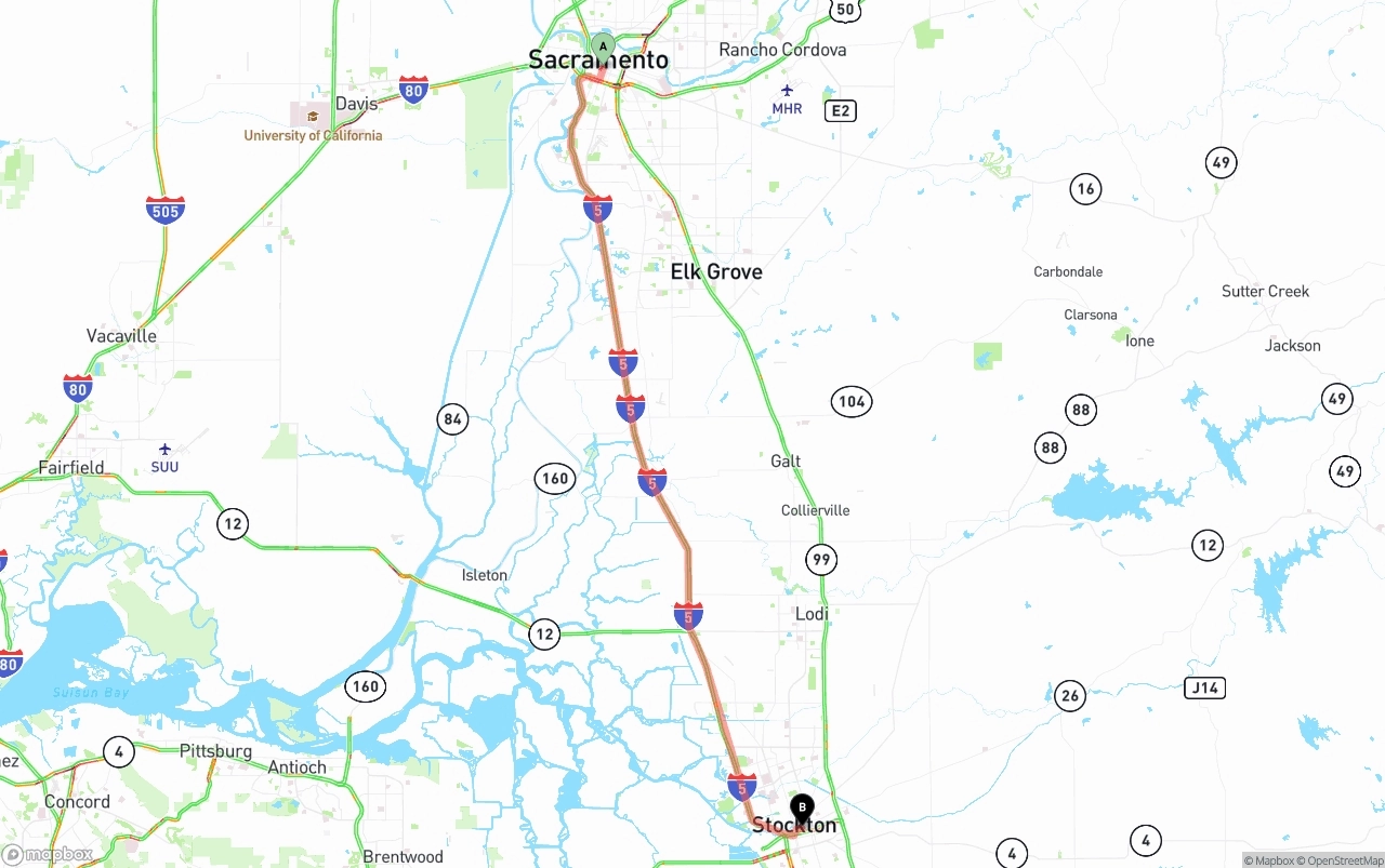 Shipping route from Sacramento to Stockton