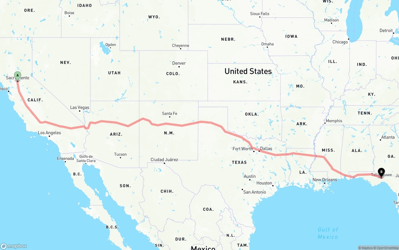 Shipping route from Sacramento to Tallahassee