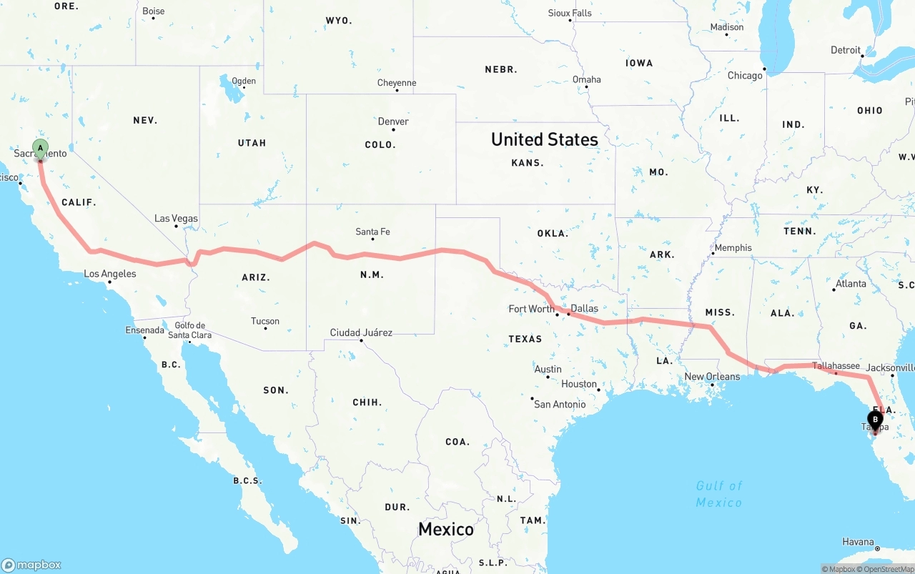 Shipping route from Sacramento to Tampa