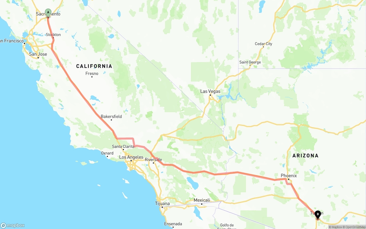 Shipping route from Sacramento to Tucson International Airport