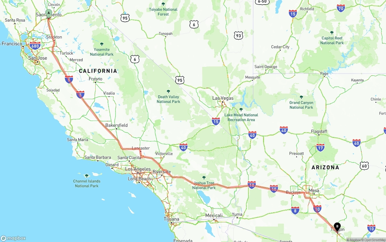 Shipping route from Sacramento to Tucson