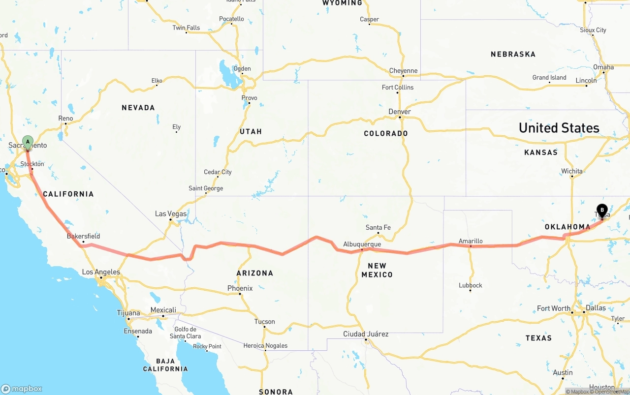 Shipping route from Sacramento to Tulsa