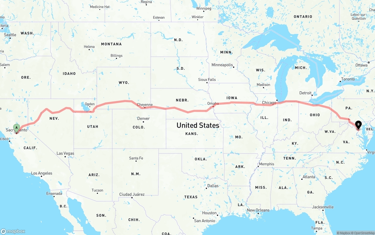 Shipping route from Sacramento to Washington D.C.