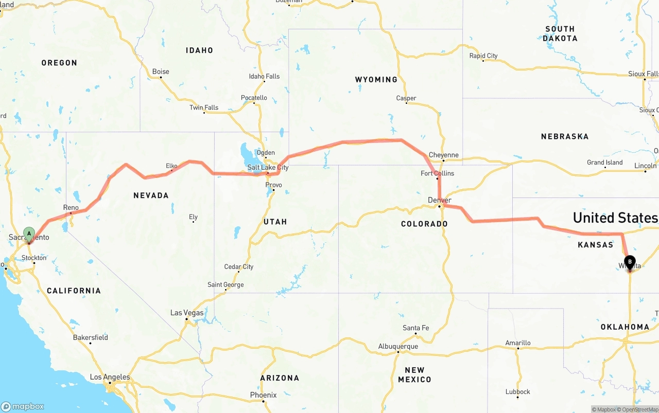Shipping route from Sacramento to Wichita