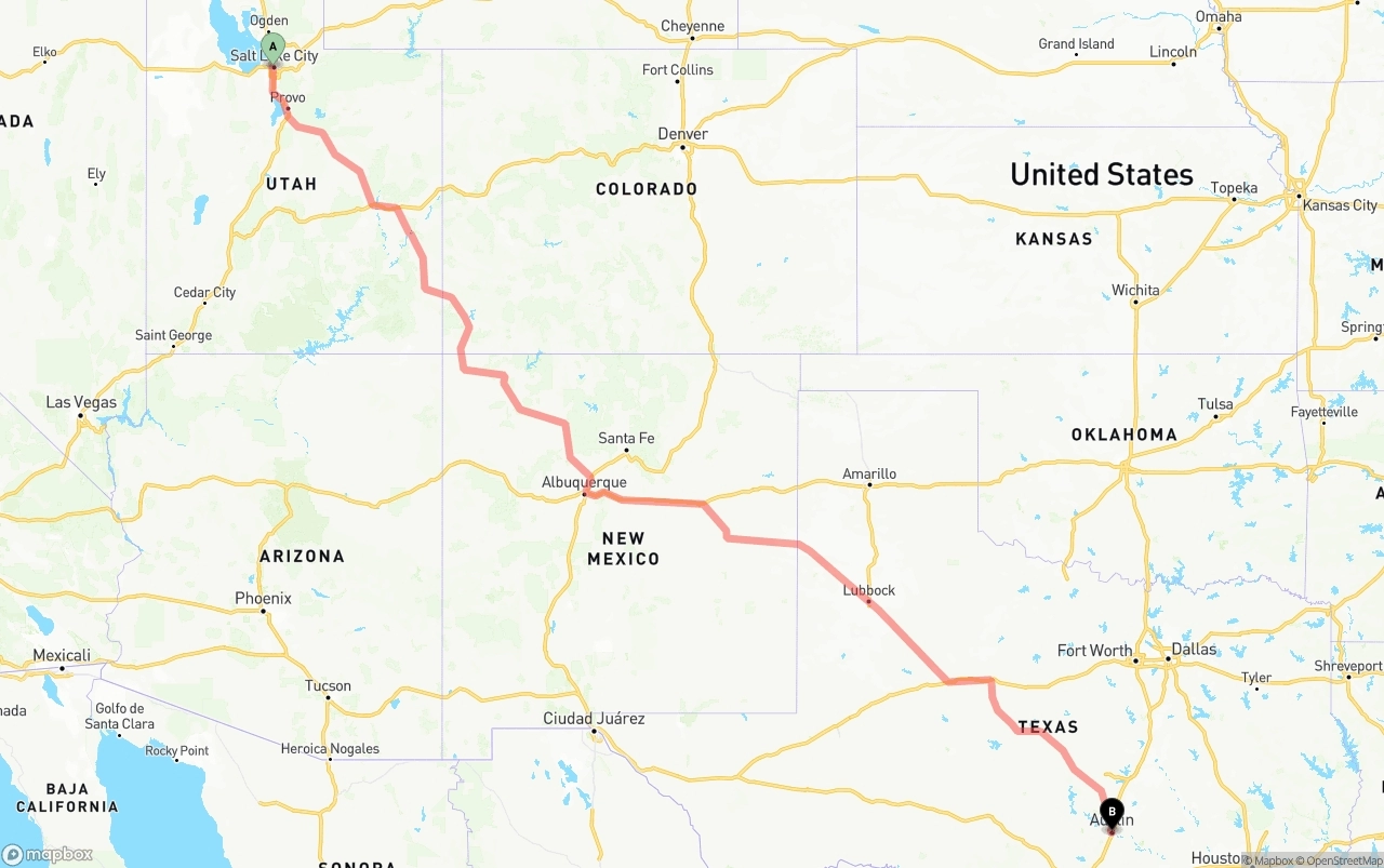 Shipping route from Salt Lake City to Austin
