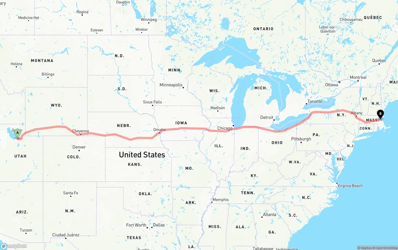 Shipping route from Salt Lake City to Boston