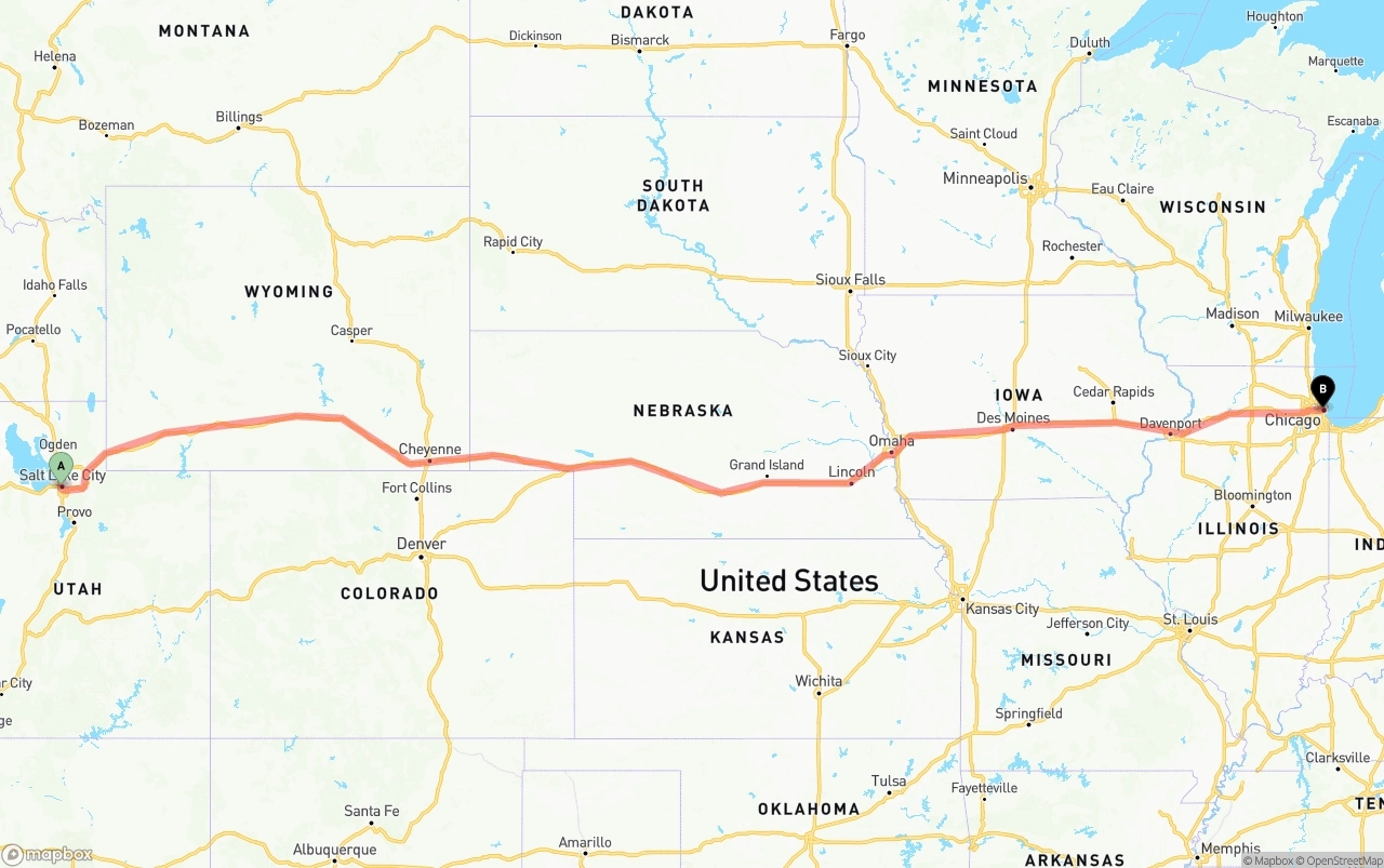 Shipping route from Salt Lake City to Chicago