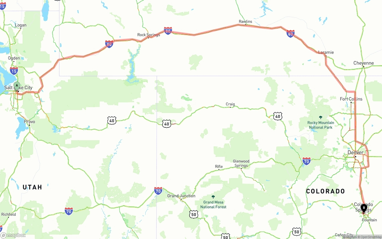 Shipping route from Salt Lake City to Colorado Springs